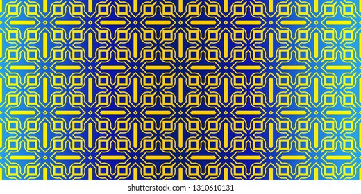 Abstract Repeat Backdrop With Lace Traditional Geometric Ornament. Seamless Design For Prints, Textile, Decor, Fabric. Super Vector Pattern. Blue yellow color.