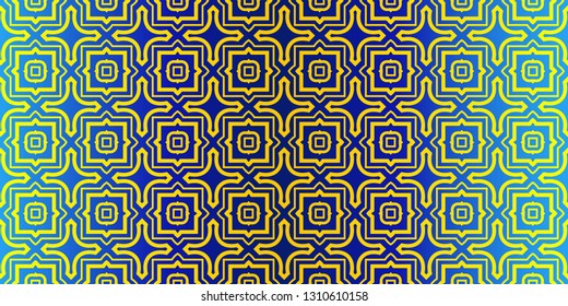 Abstract Repeat Backdrop With Lace Traditional Geometric Ornament. Seamless Design For Prints, Textile, Decor, Fabric. Super Vector Pattern. Blue yellow color.