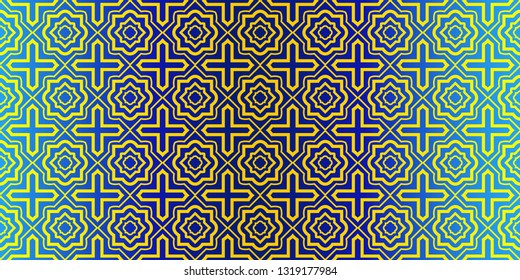 Abstract Repeat Backdrop With Lace Traditional Geometric Ornament. Seamless Design For Prints, Textile, Decor, Fabric. Super Vector Pattern. Blue yellow color.