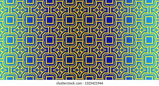 Abstract Repeat Backdrop With Lace Traditional Geometric Ornament. Seamless Design For Prints, Textile, Decor, Fabric. Super Vector Pattern. Blue yellow color.