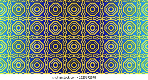 Abstract Repeat Backdrop With Lace Traditional Geometric Ornament. Seamless Design For Prints, Textile, Decor, Fabric. Super Vector Pattern. Blue yellow color.