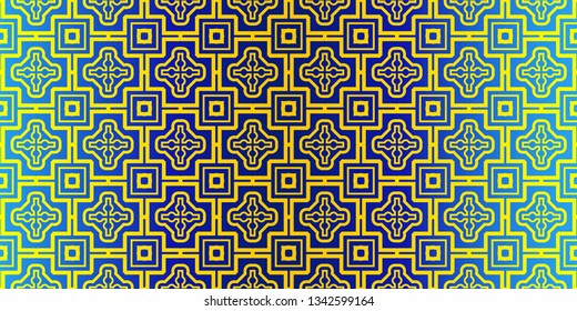 Abstract Repeat Backdrop With Lace Traditional Geometric Ornament. Seamless Design For Prints, Textile, Decor, Fabric. Super Vector Pattern. Blue yellow color.