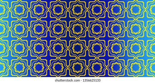 Abstract Repeat Backdrop With Lace Traditional Geometric Ornament. Seamless Design For Prints, Textile, Decor, Fabric. Super Vector Pattern. Blue yellow color.