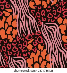 Abstract repeat pattern with different geometric shapes. Mixed stylish animal skin tiger, giraffe, leopard spots and zebra stripes. Exotic decorative jungle ornament made of wild animal fur prints.