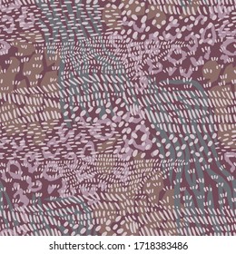 Abstract repeat pattern with different geometric shapes. Mix stylish animal skin tiger, giraffe, leopard spots and zebra stripes, snake. Exotic decorative jungle ornament made of wild animal fur print