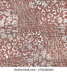 Abstract repeat pattern with different geometric shapes. Mix stylish animal skin tiger, giraffe, leopard spots and zebra stripes, snake. Exotic decorative jungle ornament made of wild animal fur print