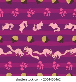 Abstract repeat pattern with squirrels, acorn and mushrooms on purple stripes background