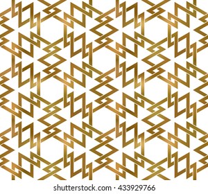 Abstract repeatable background of golden twisted strips. Swatch of gold plexus of shapes. Modern seamless pattern.