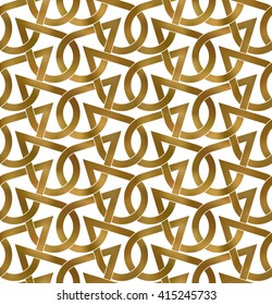 Abstract repeatable pattern background of golden twisted bands. Swatch of shapes plexus in drops form. Seamless pattern in modern style.