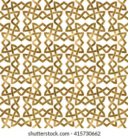 Abstract repeatable pattern background of golden twisted bands. Swatch of gold shapes plexus in links form. Seamless pattern in modern style.