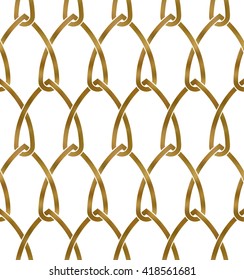 Abstract repeatable pattern background of golden twisted bands. Swatch of gold intertwined bands with loops. Seamless pattern in modern style.