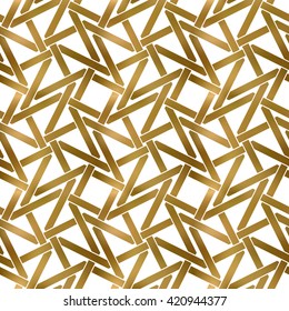 Abstract repeatable pattern background of golden twisted bands. Swatch of gold intertwined zigzag bands. Seamless pattern in modern style.