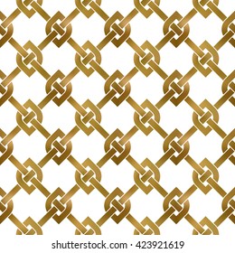 Abstract repeatable pattern background of golden twisted strips. Swatch of gold intertwined bands with loops. Seamless pattern in modern style.