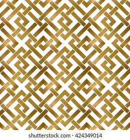 Abstract repeatable pattern background of golden twisted strips. Swatch of gold intertwined square bands. Seamless pattern in modern style.