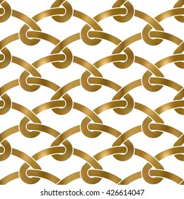Abstract repeatable pattern background of golden twisted strips. Swatch of gold intertwined bands with loops. Seamless pattern in modern style.