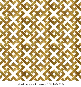 Abstract repeatable pattern background of golden twisted strips. Swatch of gold intertwined zigzag bands. Seamless pattern in modern style.