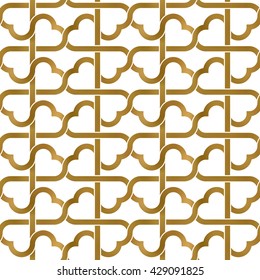 Abstract repeatable pattern background of golden twisted strips. Swatch of gold intertwined wavy and straight bands. Seamless pattern with hearts.