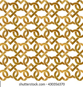 Abstract repeatable pattern background of golden twisted strips. Swatch of gold intertwined hearts. Romantic seamless pattern.