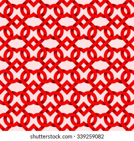 Abstract repeatable pattern background of red twisted strips on pink. Swatch of intertwined hearts. Romantic seamless pattern.