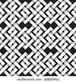 Abstract repeatable pattern background of white twisted strips. Swatch of intertwined zigzag bands. Volumetric seamless pattern in modern style.