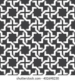Abstract repeatable pattern background of white twisted strips bands with black strokes. Swatch of intertwined zigzag bands. Seamless pattern in vintage style.