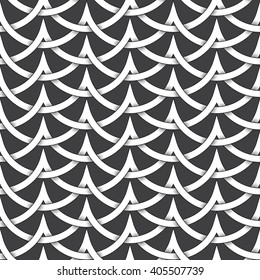 Abstract repeatable pattern background of white twisted bands with black strokes. Swatch of intertwined wavy bands. Seamless pattern in vintage style.