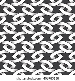 Abstract repeatable pattern background of white twisted bands with black strokes. Swatch of intertwined sinuous bands. Seamless pattern in vintage style.