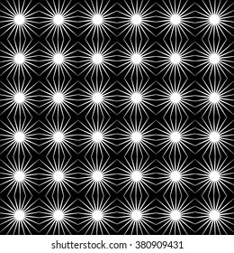 Abstract repeatable starbursts background, pattern. Monochrome vector texture.