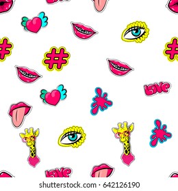 Abstract repeated girlish elements woman lips, fashion eyes, web hashtag, giraffe love, tongue comic text, cartoon style. Textile, wrapping paper, bed linen. Vector background colored illustration.