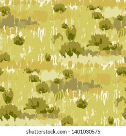 Abstract repeated patten of steppe landscape with grass and bushes drawn in the technique of rough brush.