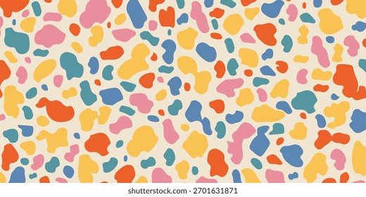 Abstract repeating black hand-drawn Y2K naive seamless pattern. Vector organic colorful doodle circle dotted background in 70s groovy style