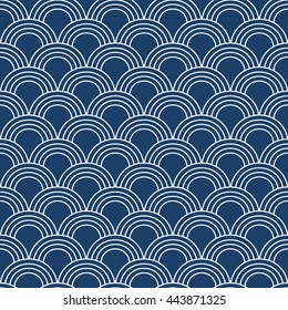 Abstrakt Wiederholter geometrischer Hintergrund mit Wellengang.
Vektorillustration nahtlose Muster indigo blau-weiß. Tapete japanisch stylish.