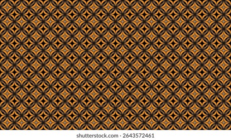 Abstract repeating geometric pattern featuring symmetrical shapes in rich golden and black tones, ideal for backgrounds, textiles, and decorative design elements.