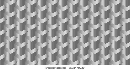 Abstract repeating geometric pattern with metallic texture, offering a sleek, modern, and industrial style for backgrounds and creative projects.