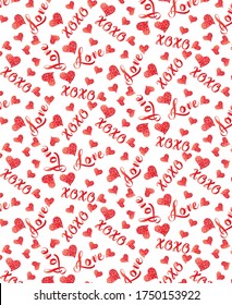 Abstract repeating heart shapes with XOXO and love words pattern vector illustration, white background.