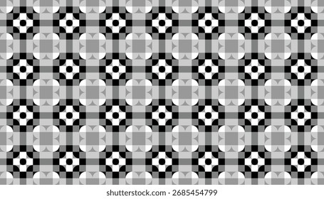 Abstract repeating pattern with black and white geometric flower shapes