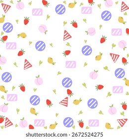 abstract repeating pattern with cute strawberries, peaches and lemons