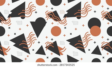 Abstract repeating pattern featuring dark triangles wavy lines grid squares and cross symbols on light background design.