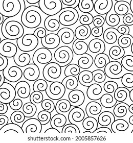 Abstract of repeating spiral curl black line drawing on white background. Black and white hand-drawn swirls circular lines pattern decor, ceramic tile pattern vector, fabric pattern