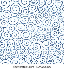 Abstract of repeating spiral curl indigo blue line drawing on white background. ceramic tile pattern vector, Porcelain background design, blue and white hand-drawn swirls circular lines pattern decor