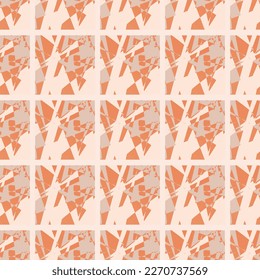 abstract repeating squares with red and gray pieces on a cream background. cell. grid. a glaring spotted pastel pattern. colorful cover, print.