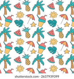 Abstract repeating summer pattern: palm trees, pineapples, watermelon slices, summer drinks, and beach umbrellas on a white background.