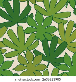 Abstract repeating tropical leaves background. Bold cartoon leaves with outline stroke seamless pattern. Vector summer illustration for vintage retro art collage design, wallpaper, swimwear
