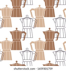 Abstract repetitive background with coffee pots. Moka pot seamless pattern. Vector design template.