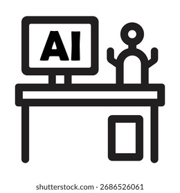 Abstract representation of artificial intelligence education and progress, showing a simplified figure interacting with technology and a screen displaying AI.