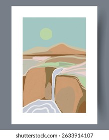 Abstract Representation of a Beautiful Landscape Featuring a Waterfall and Majestic Mountains