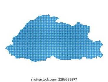 An abstract representation of Bhutan, vector Bhutan map made using a mosaic of blue dots with shadows. Illlustration suitable for digital editing and large size prints.
