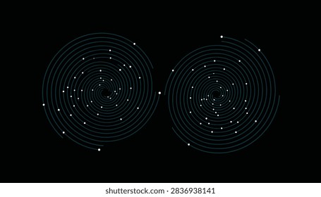 Abstract representation of a binary star system or dual spiral galaxy with glowing turquoise dots on a black background.