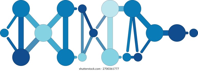 An abstract representation of a blue molecular structure, resembling a DNA helix, with interconnected nodes and lines, set against a clean white background.