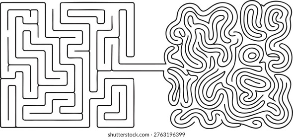 Abstract representation of brain function using two different maze styles. Left side shows rigid logic while right side displays creative flow. Continuous line drawing explores human psychology and cognitive processes. Concept for education and neurology. Mental health and problem solving art.